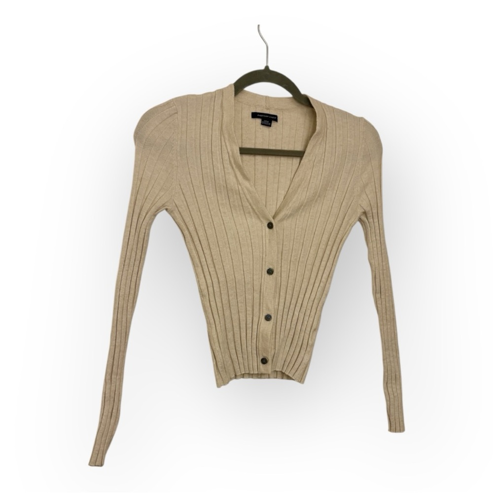 American Eagle Cream Ribbed Button Front Cropped … - image 2